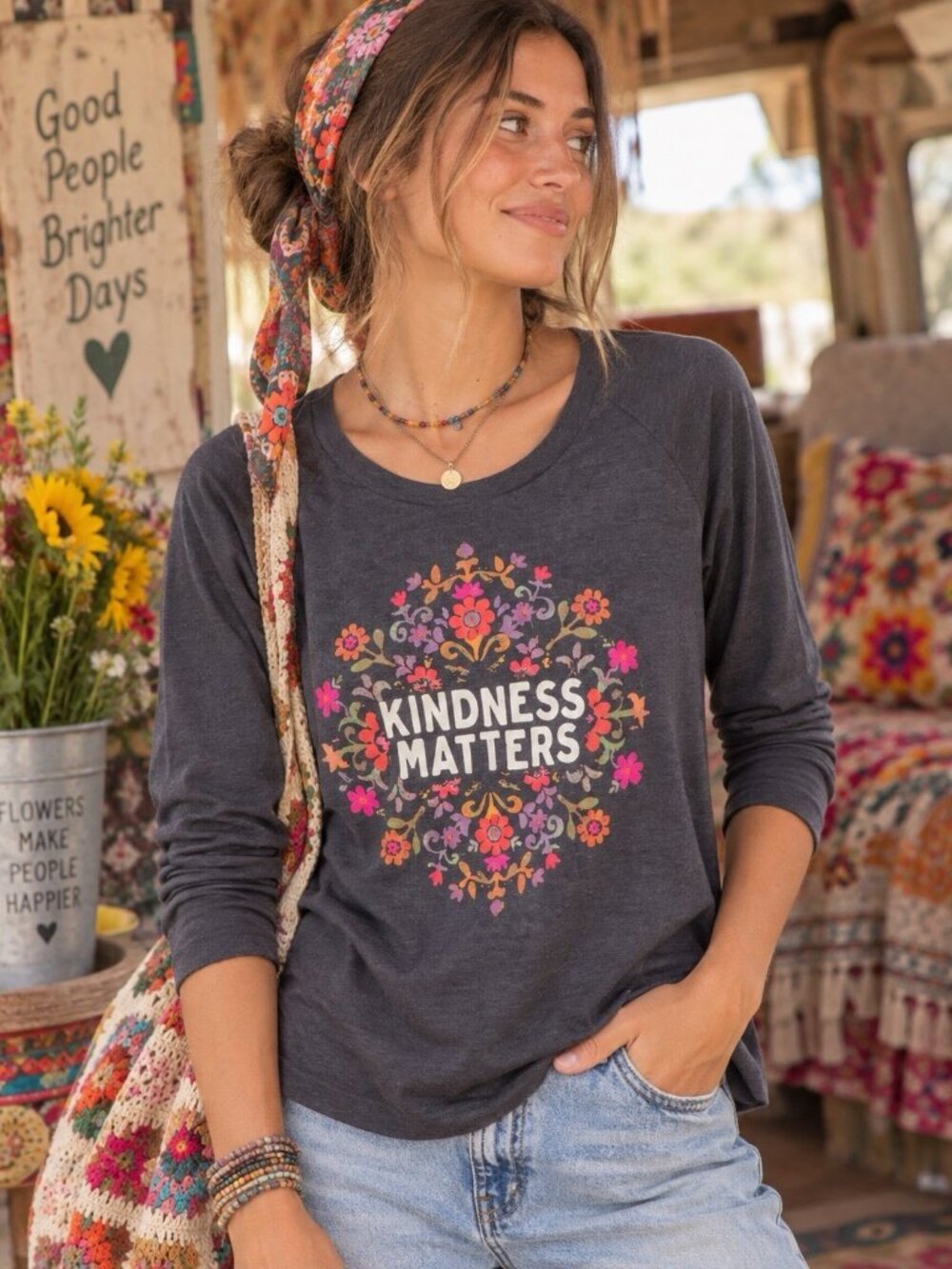 Natural Life Womens Long Sleeve Tee Shirt Sz Small Gray Boho Kindness Matters